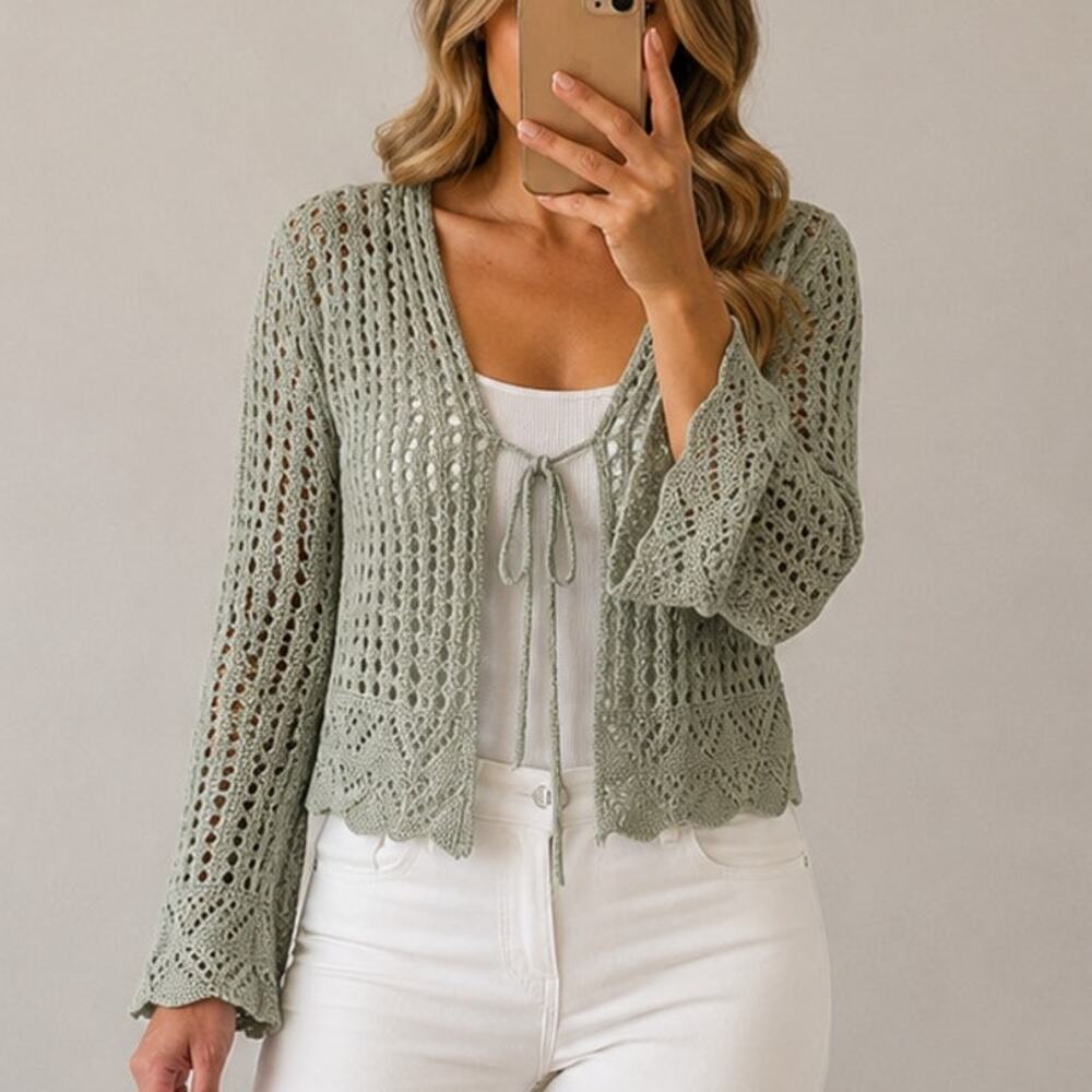 Hooked Up🌿Crochet Knit Cardigan Women Medium Sage Green Tie Front Boho Sweater